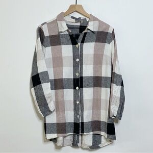 Soft Surroundings Button Up Shirt - Linen Blend Plaid Tunic 3/4 Sleeve Tunic